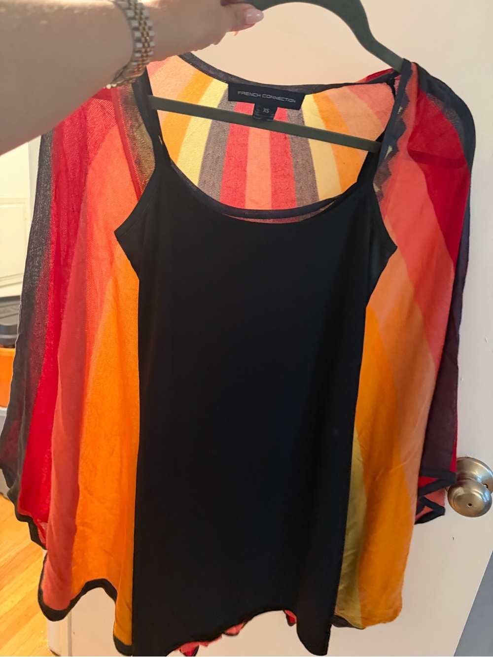 French Connection Black Tank with Red Orange Yellow Striped Kimono